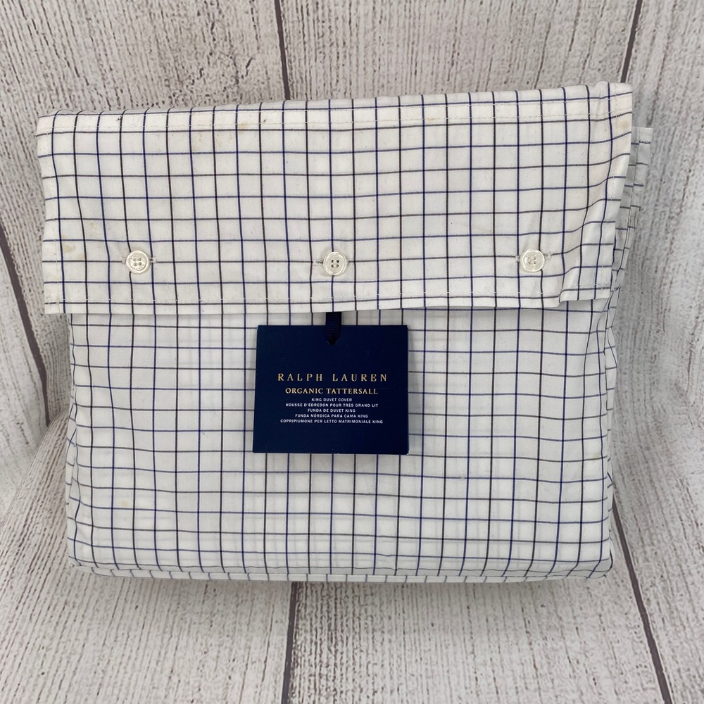 Ralph Lauren Duvet Cover King White Navy Organic Tattersall Check Minimalist